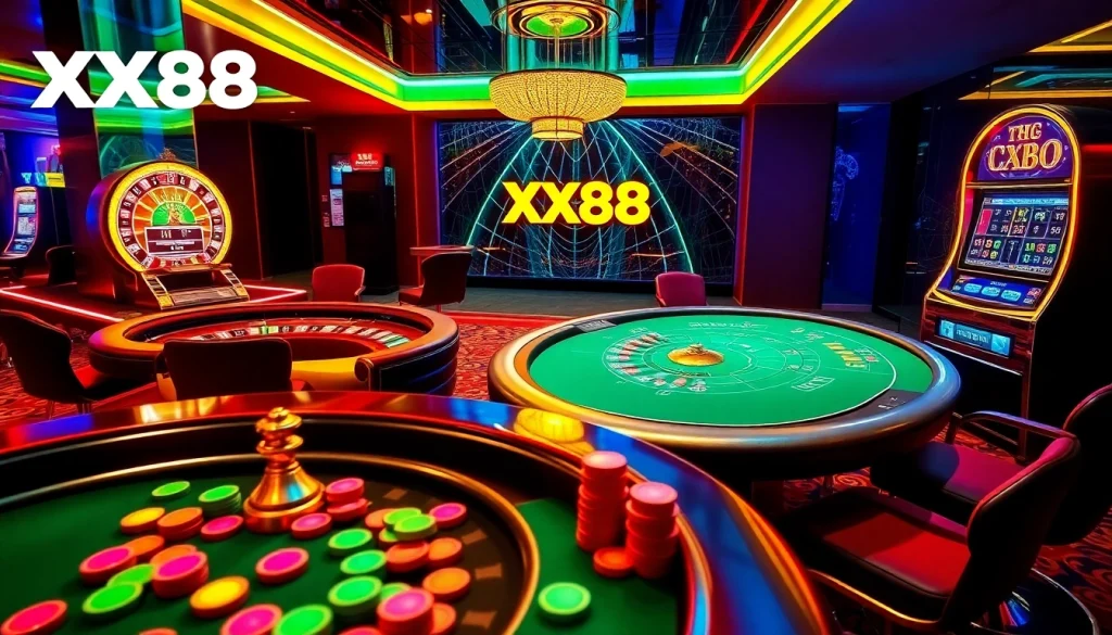 Players enjoying a thrilling game at the XX88 casino table with vibrant poker chips and cards.