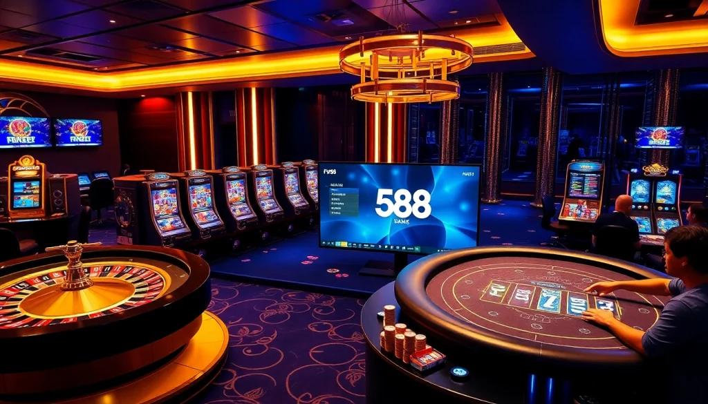 Exciting gaming action at Five88 with vibrant slot machines, roulette wheels, and happy players.