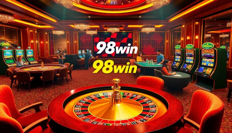 Exciting casino scene featuring 98win logo on tables and online interfaces.