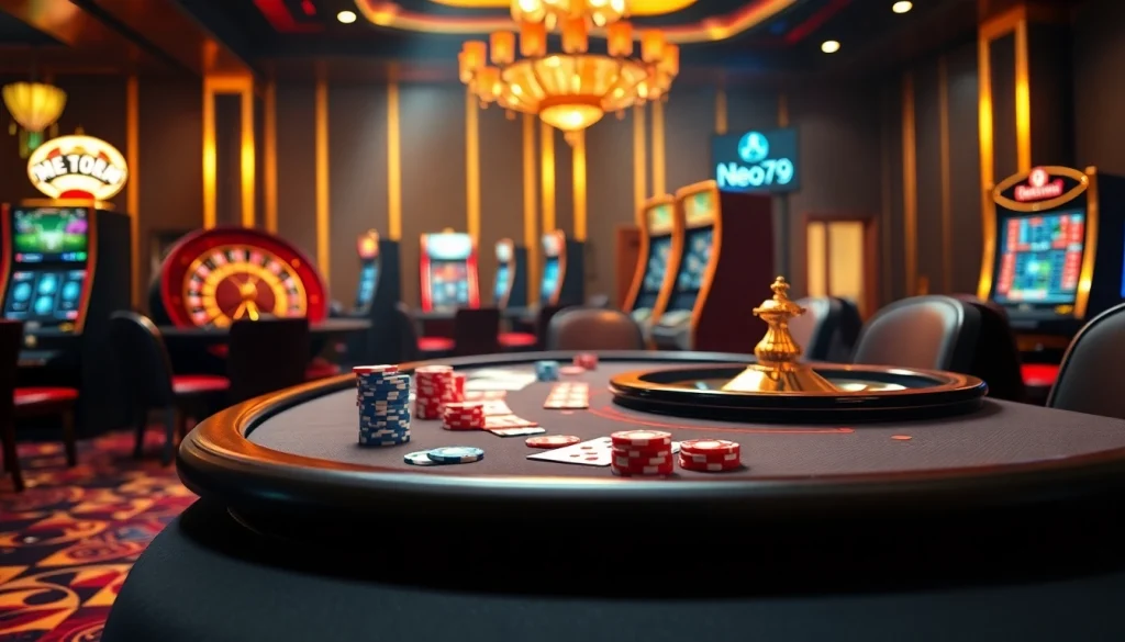 Experience the thrill of Neo79 casino games with vibrant poker chips and a dynamic roulette wheel.