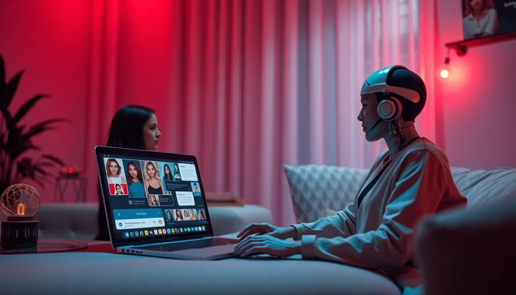 Engaging scene of ai sex chat free interaction with a digital AI character in a cozy setting.