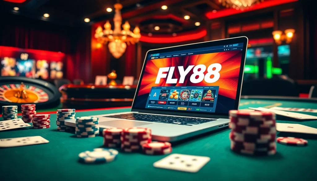 Experience the thrill of FLY88 with vibrant poker chips and a live roulette wheel in a luxury casino setting.