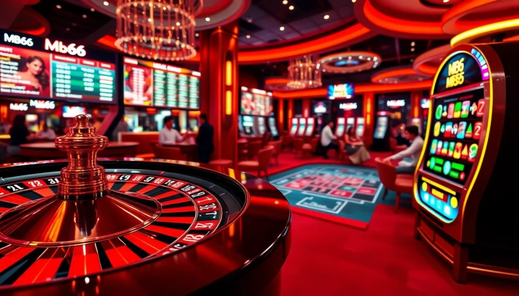Experience the thrill of MB66 with a vibrant online casino scene including roulette, poker chips, and slot machines.