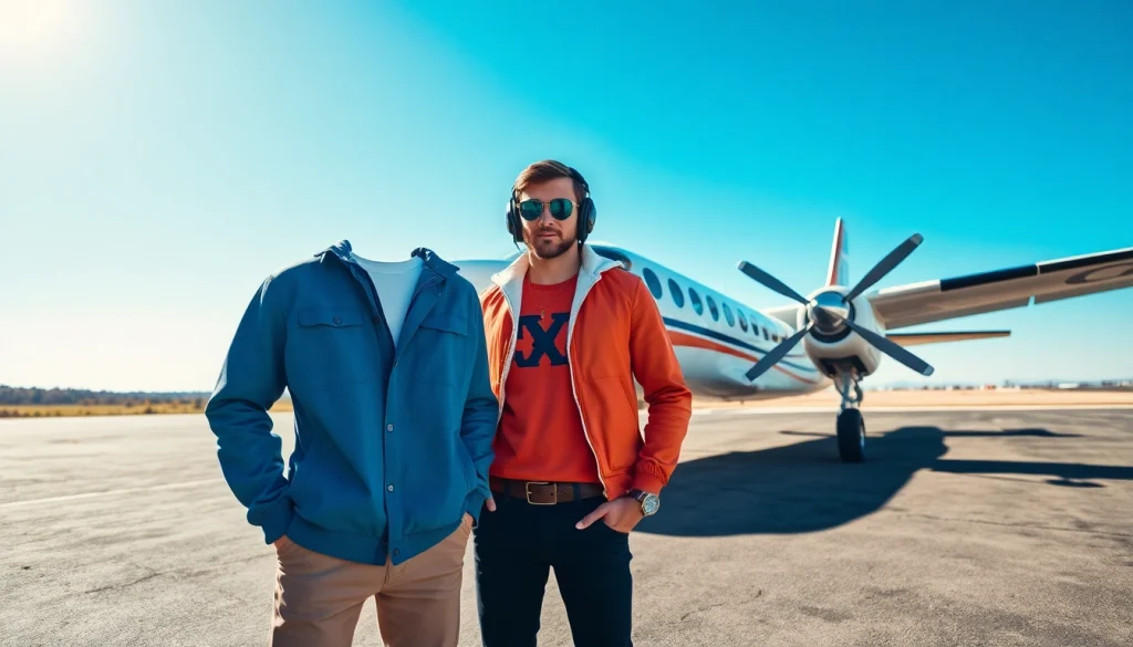 FLY88 aviation-inspired apparel featured on a stylish model by a vintage airplane.
