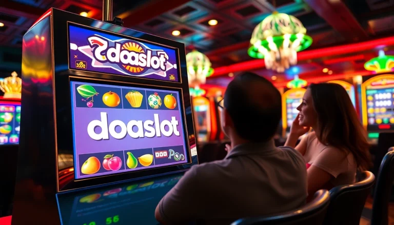 Exciting online casino scene featuring the doaslot logo, vibrant slot machine, and engaging ambiance.