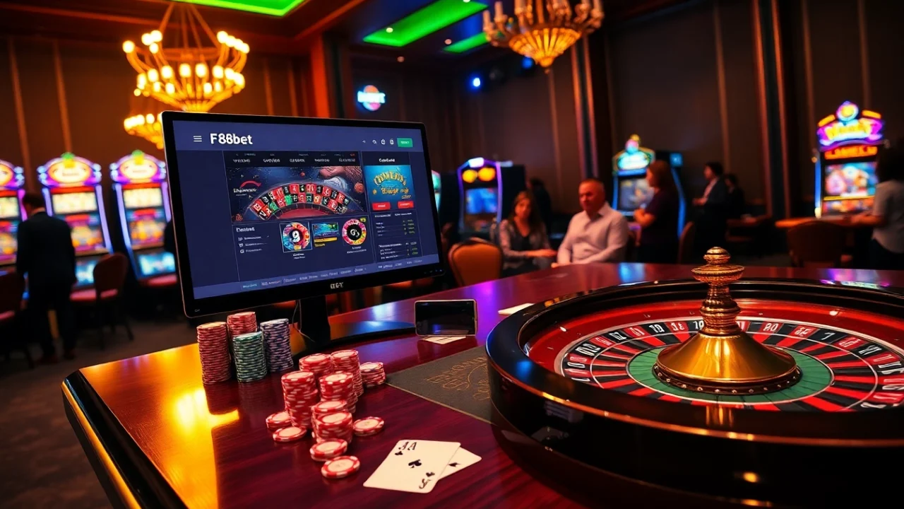 F8bet betting chips and cards on a casino table with a roulette wheel in action.