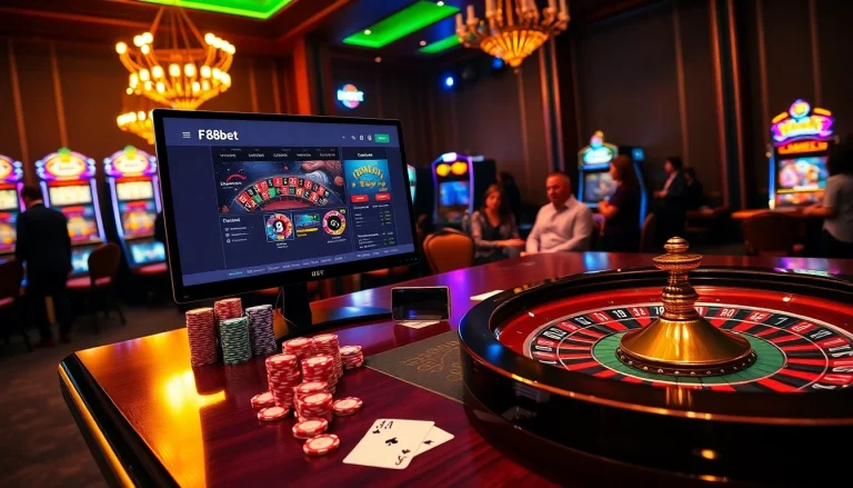 F8bet betting chips and cards on a casino table with a roulette wheel in action.