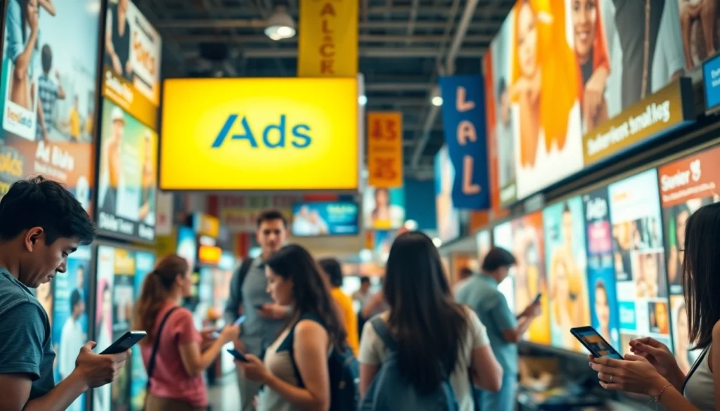 Engaging marketplace scene featuring Hela Ad with diverse colorful advertisements.