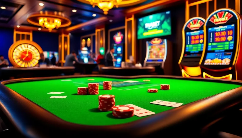Experience THABET in a vibrant casino scene with poker chips and a spinning roulette wheel.