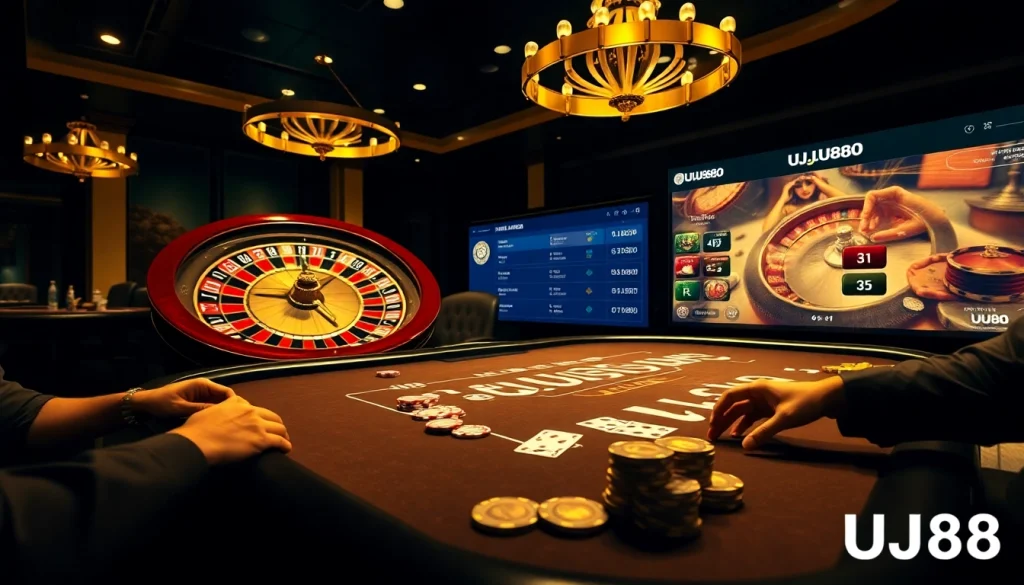 Players engage with the UU88 casino's poker table amidst vibrant gambling excitement.