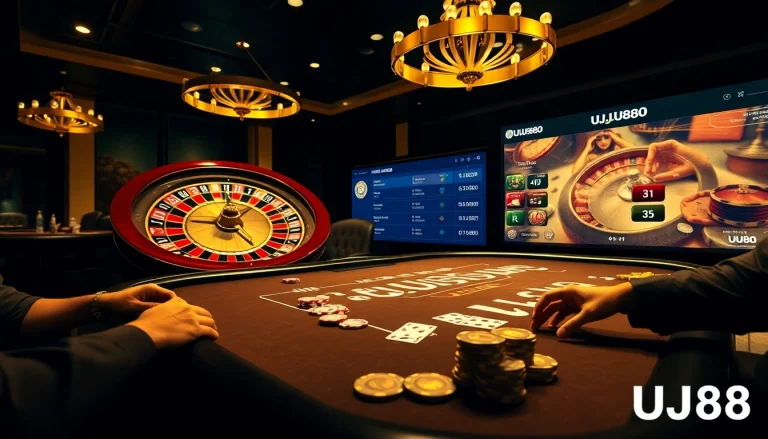 Players engage with the UU88 casino's poker table amidst vibrant gambling excitement.