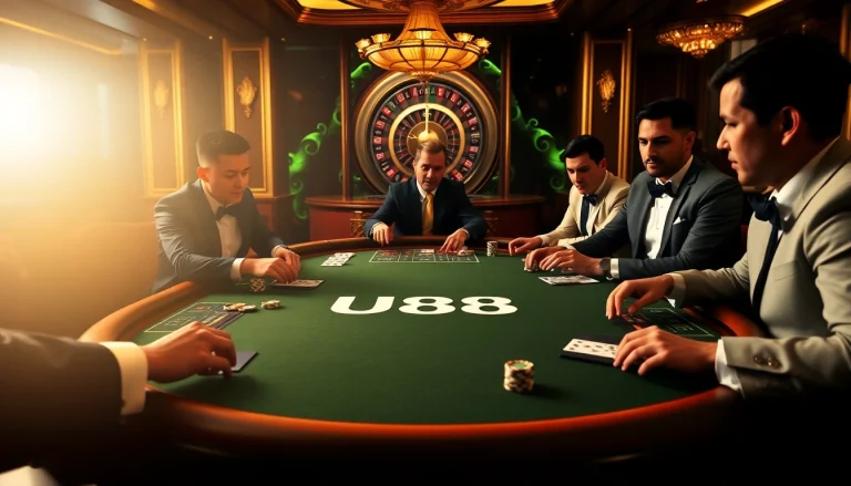Players enjoying a thrilling game at the UU88 poker table in an upscale casino atmosphere.
