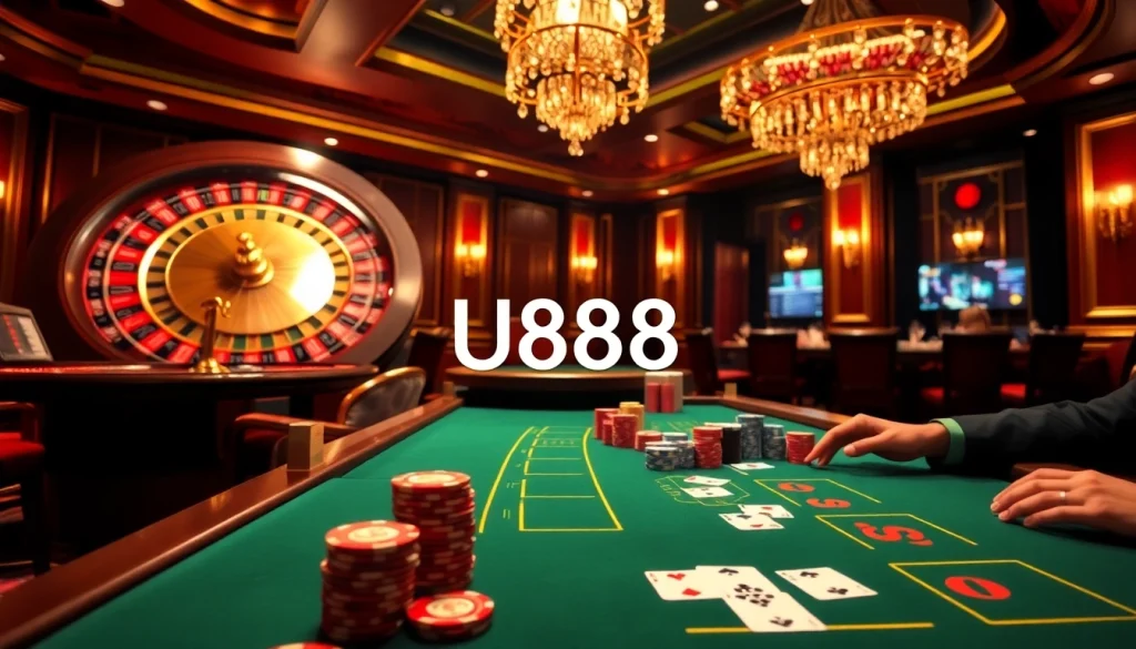 Experience the thrilling atmosphere of U888 casino with vibrant poker tables and spinning roulette wheels.