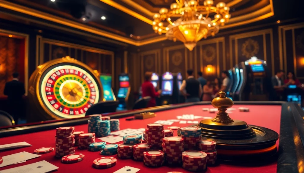 A thrilling casino scene with poker chips and roulette wheel emphasizing 8XX. Excitement and luxury intertwine in gambling.