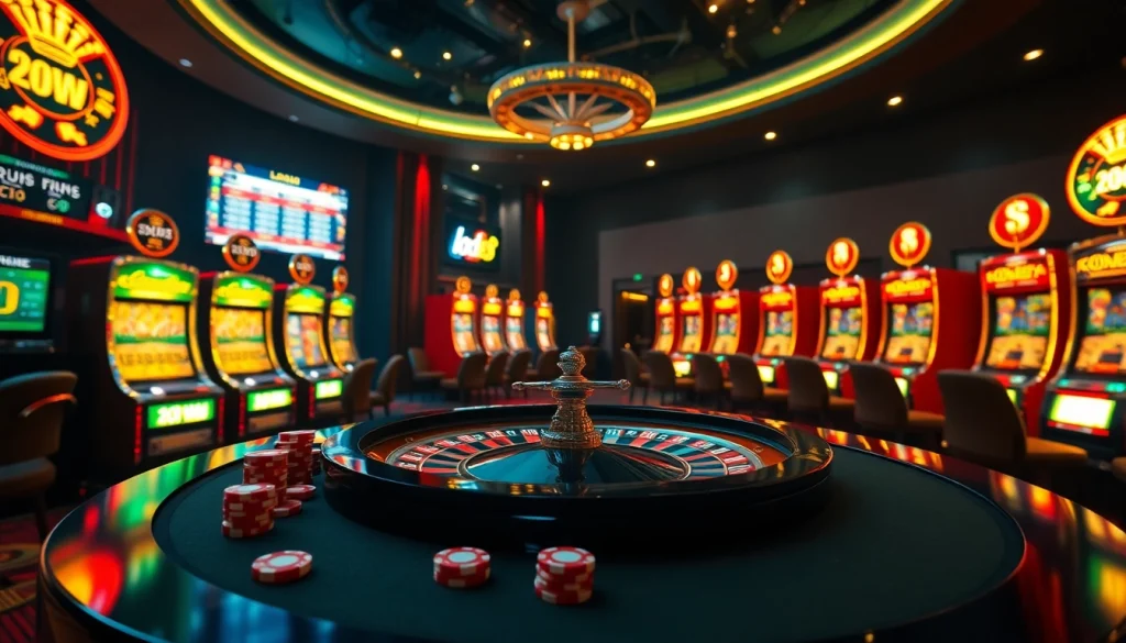 A thrilling lode88 casino scene highlighting online lottery interactions with vibrant slot machines.