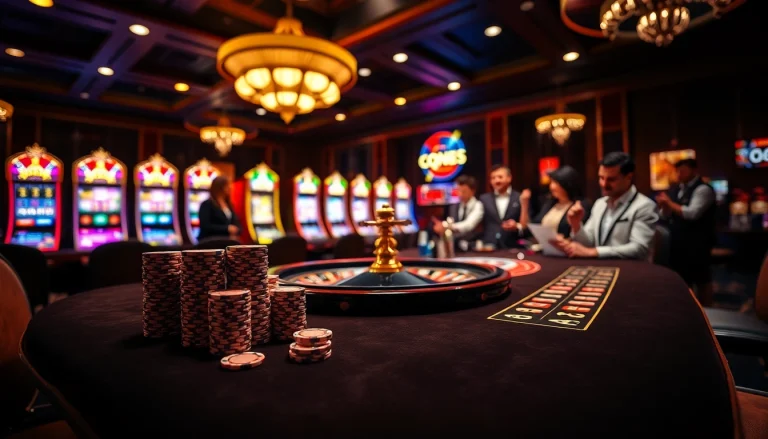 Players enjoy a thrilling QQ88 experience at a glamorous casino table, surrounded by excitement.
