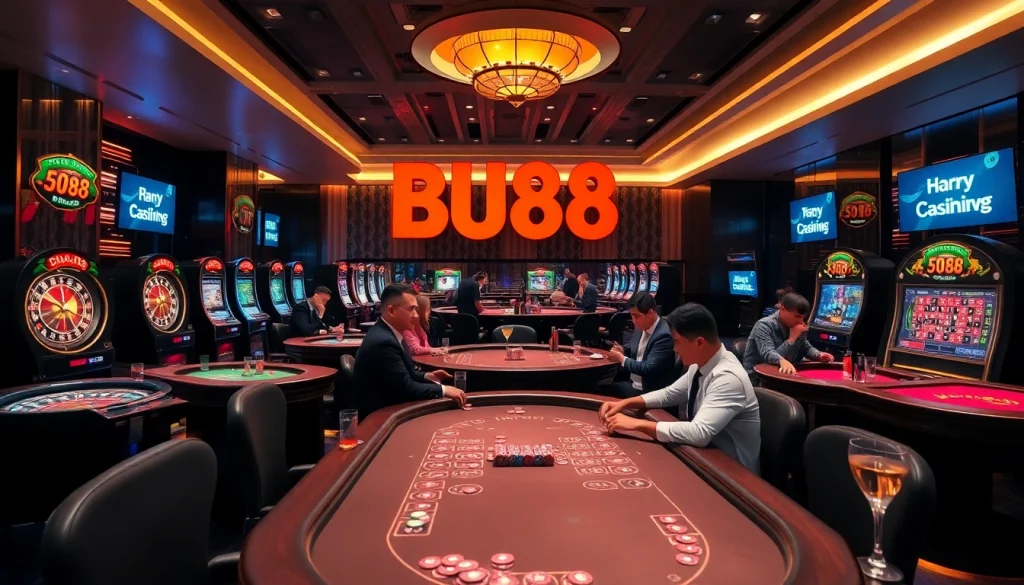 Engaging players at BU88 casino tables amidst vibrant slot machines.
