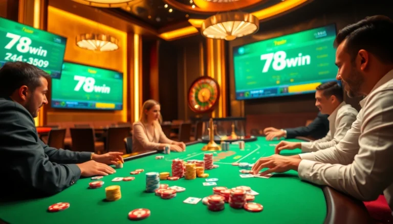 Exciting poker action at a 78win online casino with vibrant chips and cards.