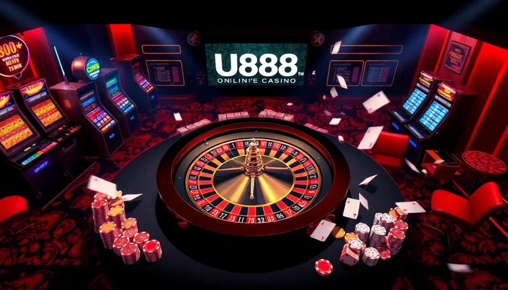 U888 casino scene with roulette table, vibrant chips, and slot machines showcasing excitement.