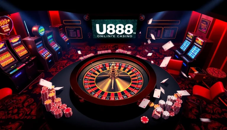 U888 casino scene with roulette table, vibrant chips, and slot machines showcasing excitement.
