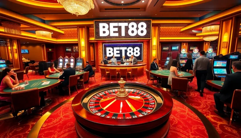 Experience the thrill of BET88 with a vibrant casino filled with roulette wheels, poker tables, and slot machines.