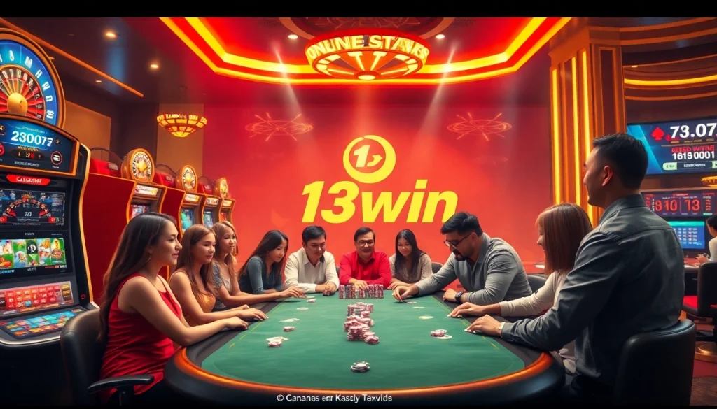 Players enjoying a thrilling game at 13win online casino, showcasing poker chips and a roulette wheel.