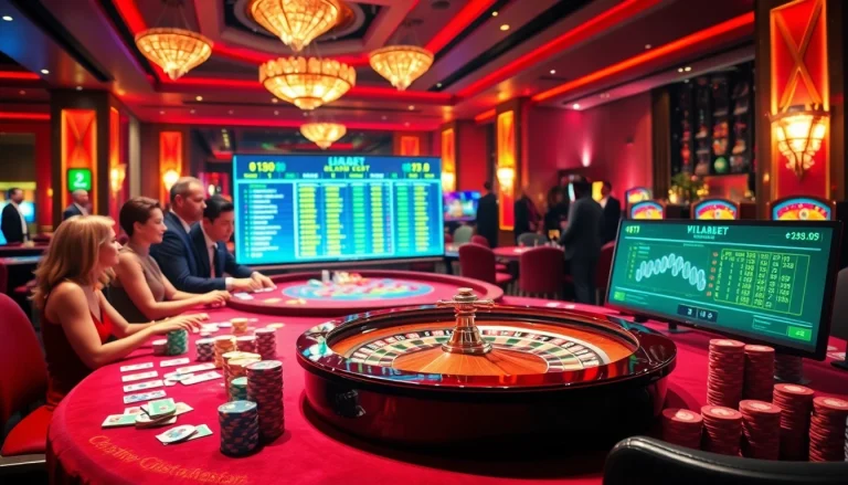 THABET casino gaming experience with vibrant tables, poker chips, and engaging players.