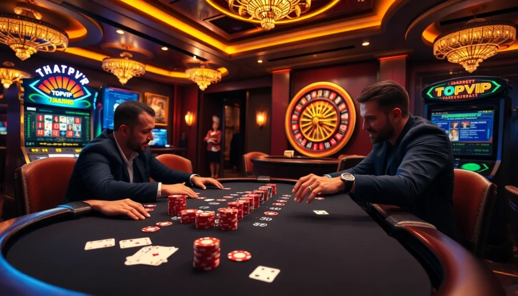 TOPVIP players enjoy a thrilling game at the casino table with poker chips and winning cards.