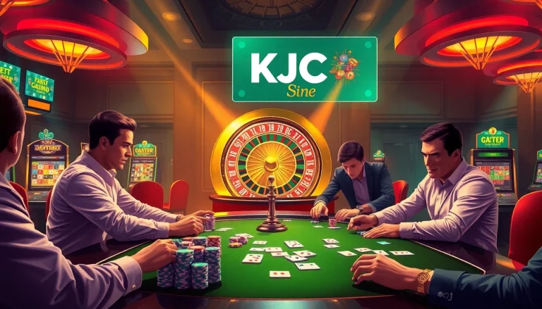 KJC poker players engage in a high-stakes game surrounded by vibrant, luxurious casino elements.