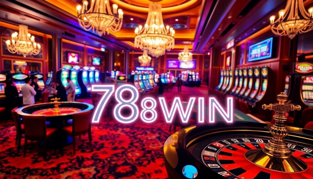 Excited gamblers enjoying the luxury of 78WIN casino with vibrant gaming activities.