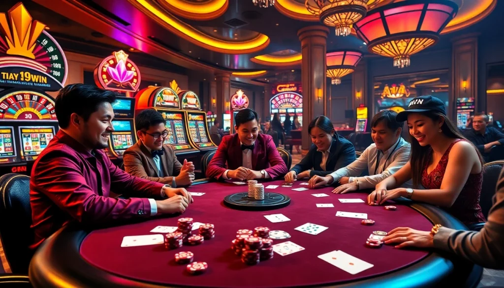 Players enjoying a high-stakes poker game at nhà cái 9WIN casino, showcasing the excitement of gambling.