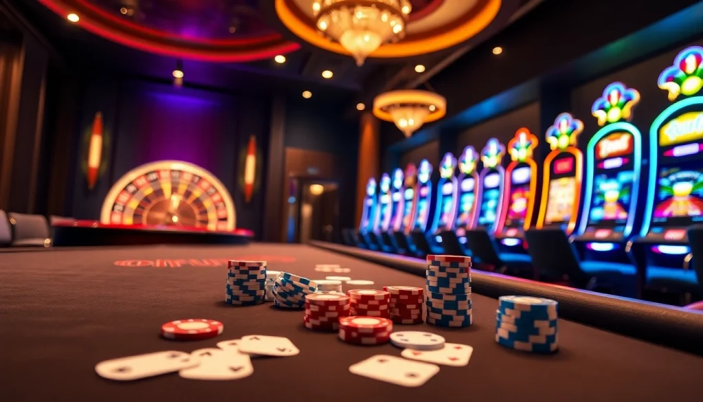 OKFUN players enjoying a high-stakes gaming atmosphere with poker and slot machines.