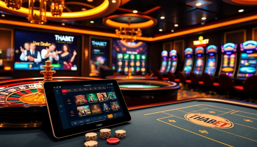 Engaging THABET online casino scene with poker chips and a roulette wheel.