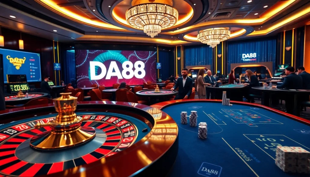 Players enjoying games at DA88 casino, surrounded by opulent decor and engaging action.