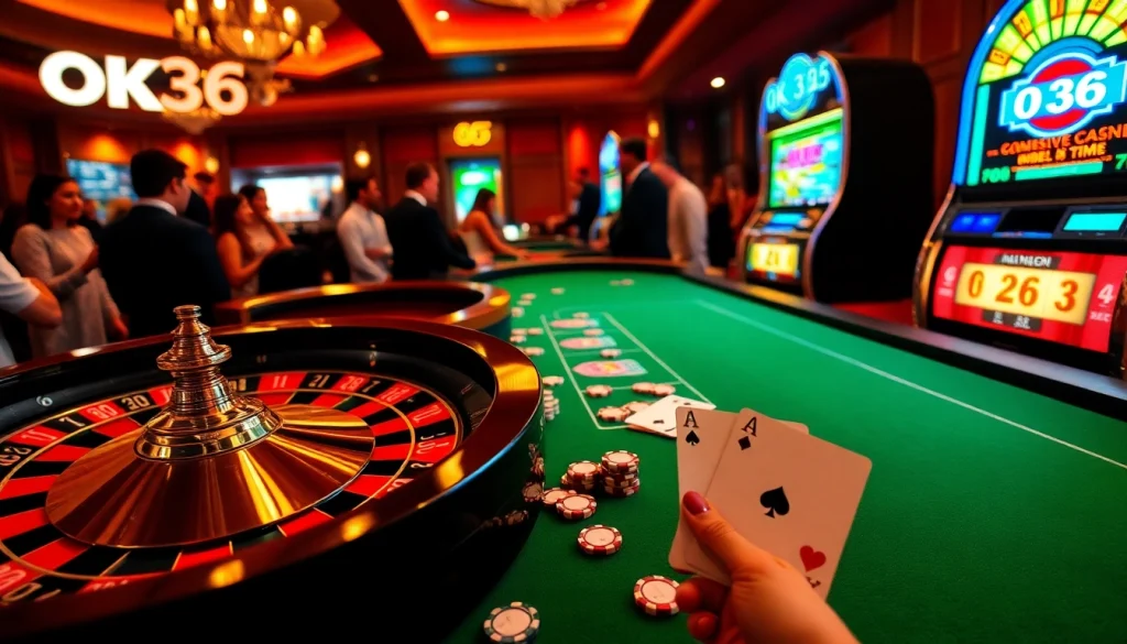 Experience an exciting gaming atmosphere at OK365 with poker chips, cards, and a roulette wheel.