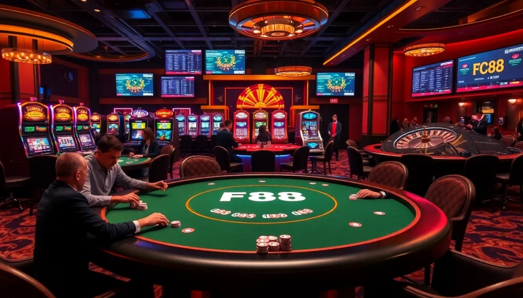 Players engage in an exciting poker game at FC88, showcasing colorful chips and a vibrant casino atmosphere.