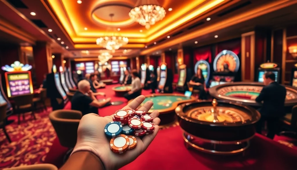 Exciting poker game at tv88 casino, players engaging with vibrant chips and roulette.