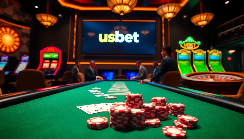 Experience the thrilling excitement of usbet at a luxurious casino featuring vibrant poker chips and live gaming.