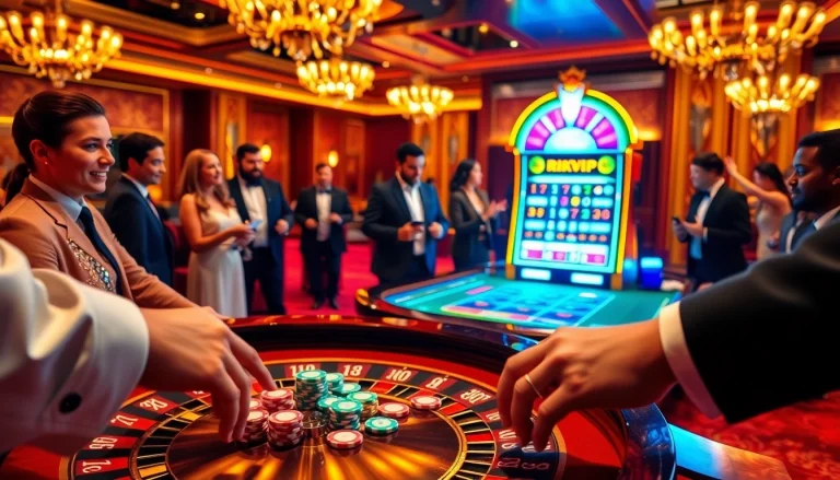 Experience the excitement of rikvip at a luxury casino table with vibrant poker chips and roulette.