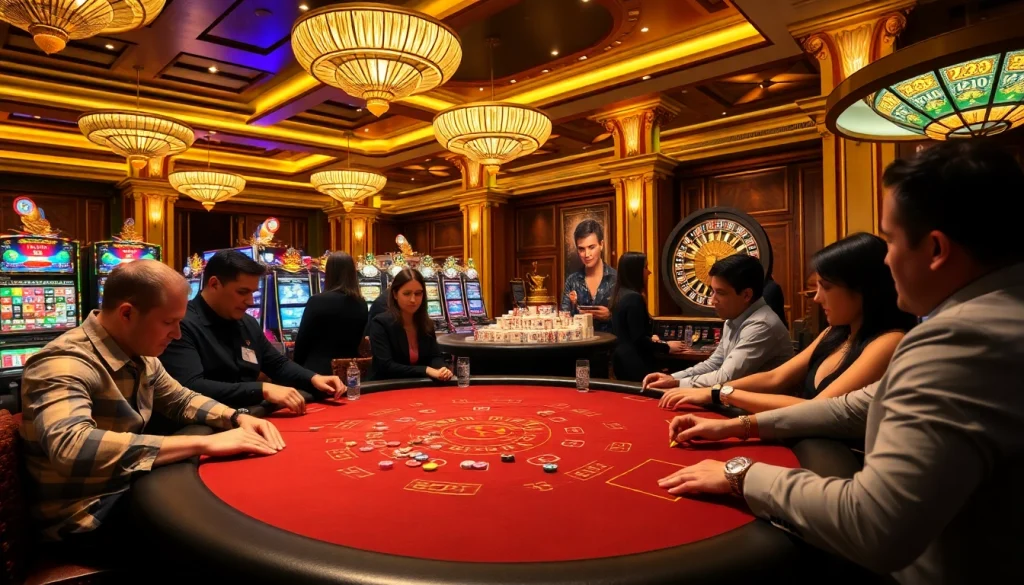 8DAY poker table setting with engaged players and vibrant casino atmosphere.