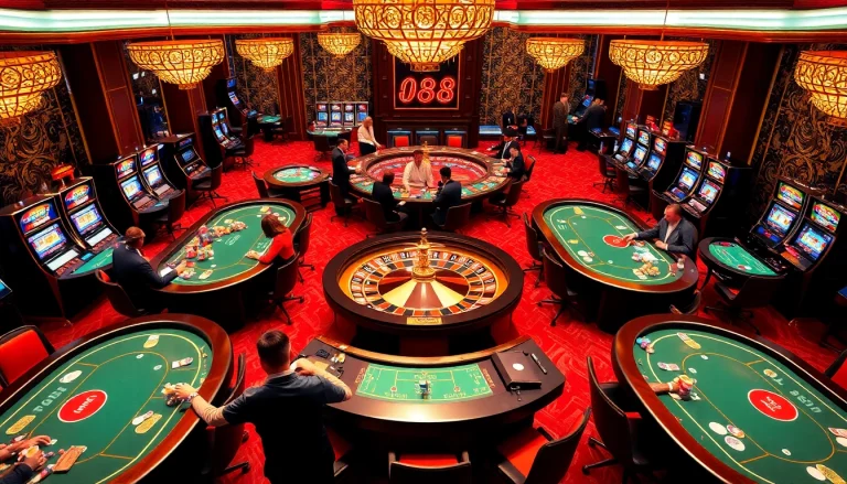 Experience the thrill of King88 with vibrant casino tables and lively gambling action.