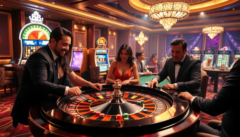 Experience the thrill of winning with 68win at an elegant casino scene featuring roulette and poker.