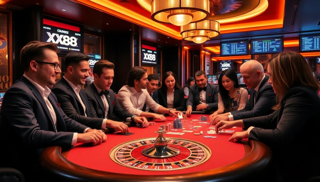Experience the thrill of XX88 with players strategizing at a luxurious casino table.