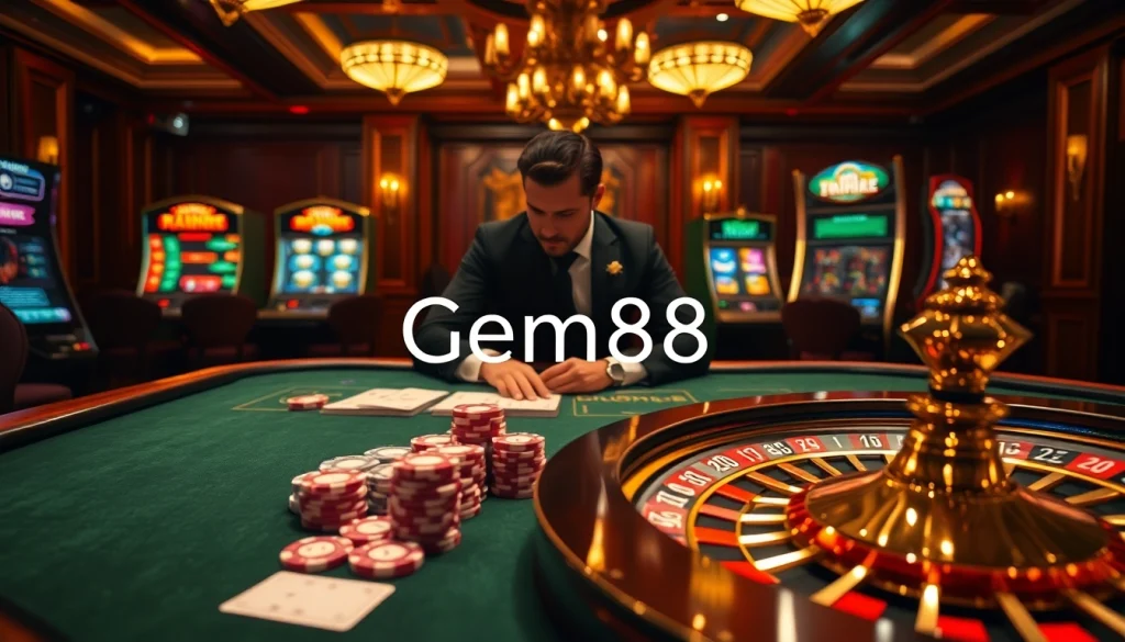 Experience thrilling gameplay with gem88 at a luxurious casino ambiance filled with poker tables and slot machines.