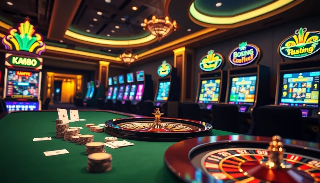 Experience the excitement of KM88 with luxury casino tables, vibrant slot machines, and lively gambling ambiance.