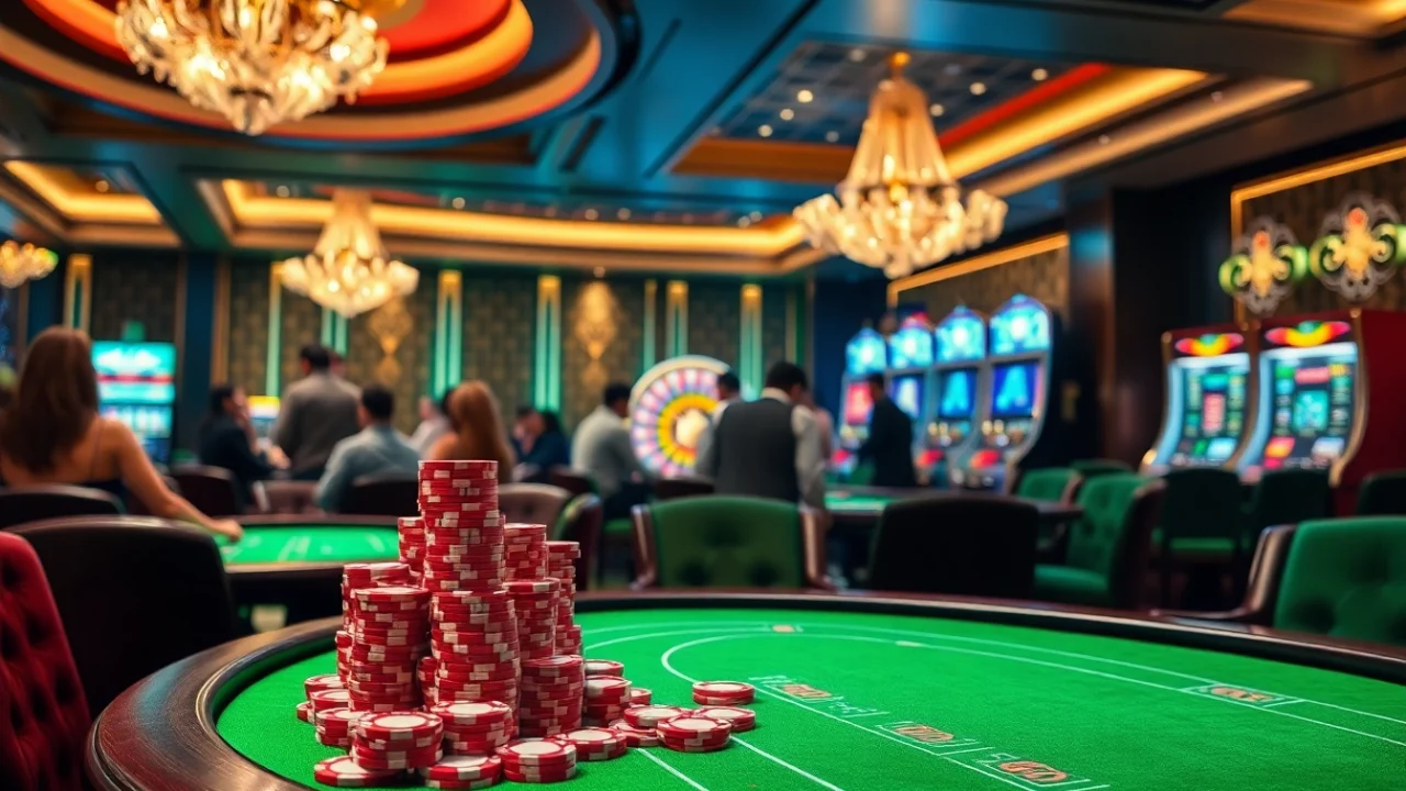 Nohu casino scene with luxurious gaming tables, excited players, poker chips, and a roulette wheel.