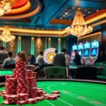 Nohu casino scene with luxurious gaming tables, excited players, poker chips, and a roulette wheel.