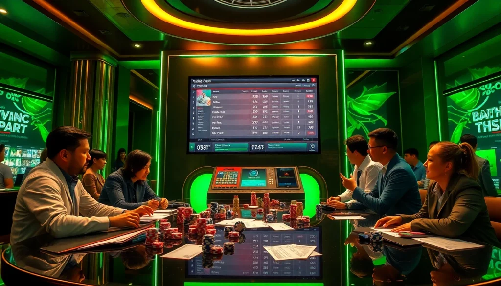 Engaged bettors examining kèo nhà cái odds at a high-tech sports betting kiosk.