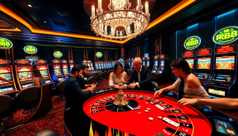 Experience the excitement of RR88 at a luxurious casino with roulette, poker chips, and vibrant slot machines.