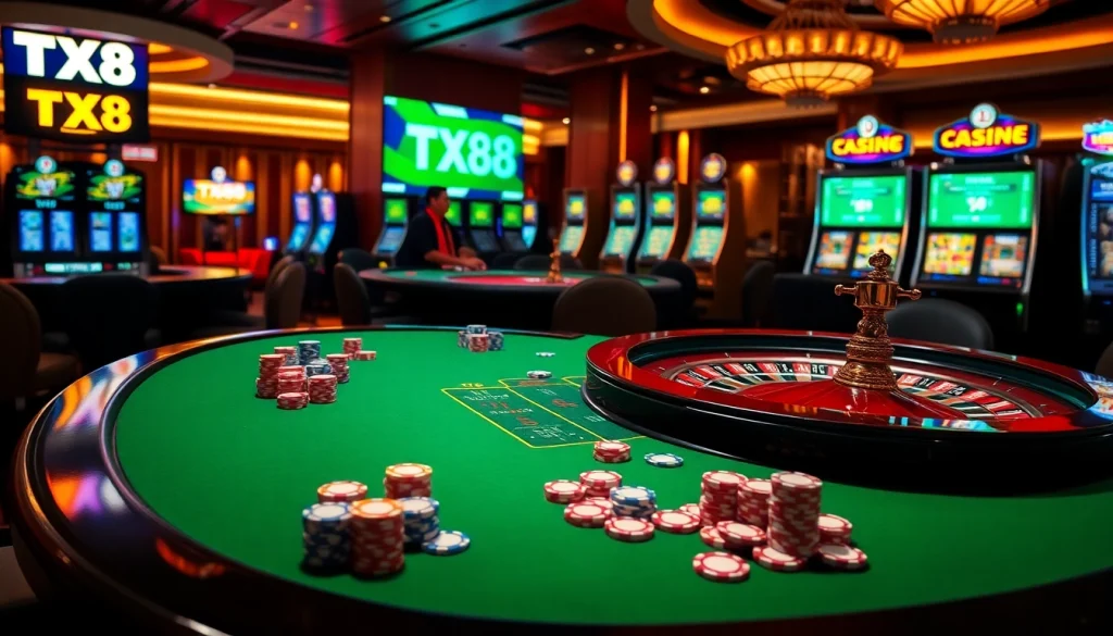 TX88 gaming table with vibrant poker chips and a roulette wheel illustrating an exciting casino atmosphere.
